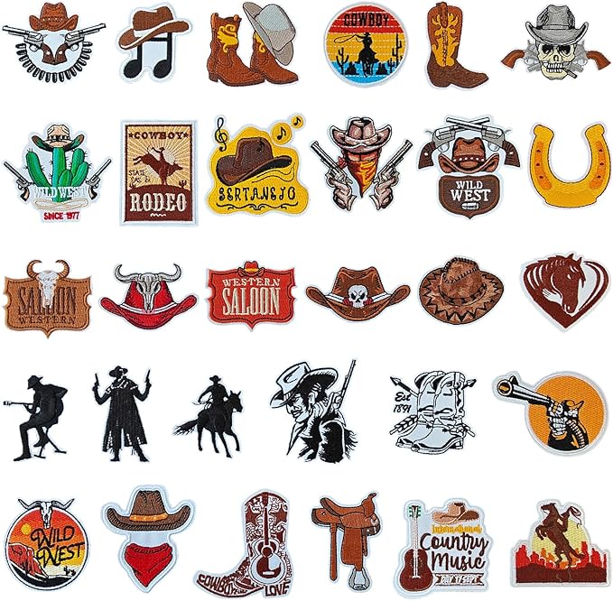WILDREEDS 30Pcs Western Iron on Patches for Cowboy, Iron on Sew on Embroidered Patches for Hats, Clothing, T-Shirt, Backpacks, Jeans, Jackets