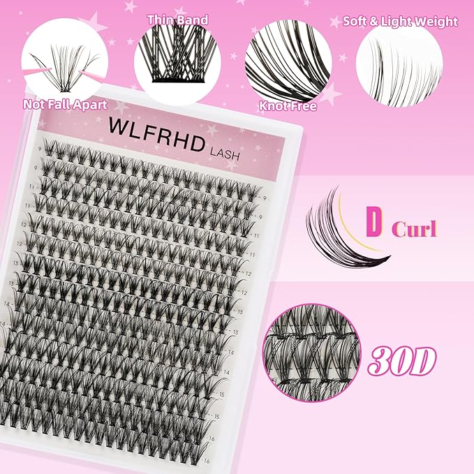 Lash Clusters Kit 280 Pcs DIY Individual Cluster Lashes D Curl Lash Extension Kit with Eyelash Bond and Seal, Remover, Tweezers Applicator Tool for False Eyelash Cluster Kit(30D, Mix9-16mm Kit)