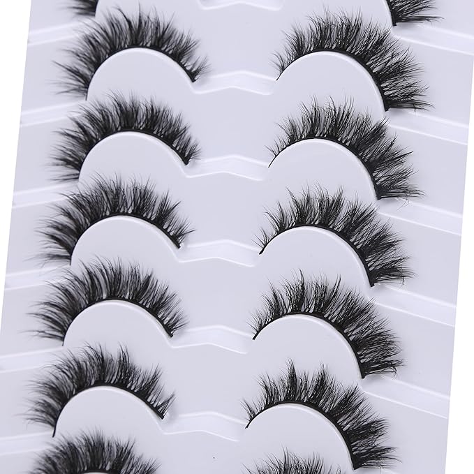 Pooplunch False Eyelashes Cat Eye Lashes Natural Clusters Short 8D Volume Wispy Faux Mink Lashes Fake Eyelash Strips 7 Pairs Pack