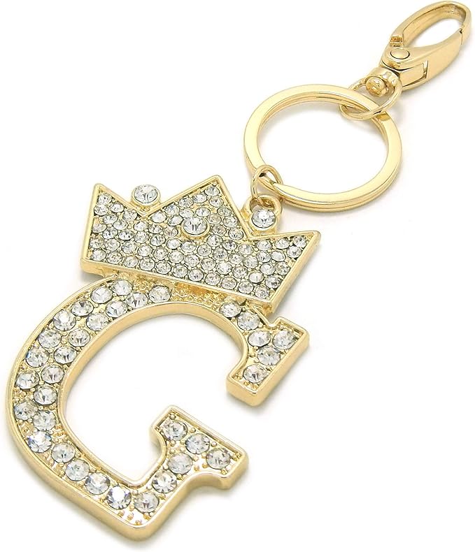 CBC Crown Crystal Rhinestone Letter Initial Keychain, Gold Metal, Bag Charm with Key Ring Approx. 2.17" x 2.56"