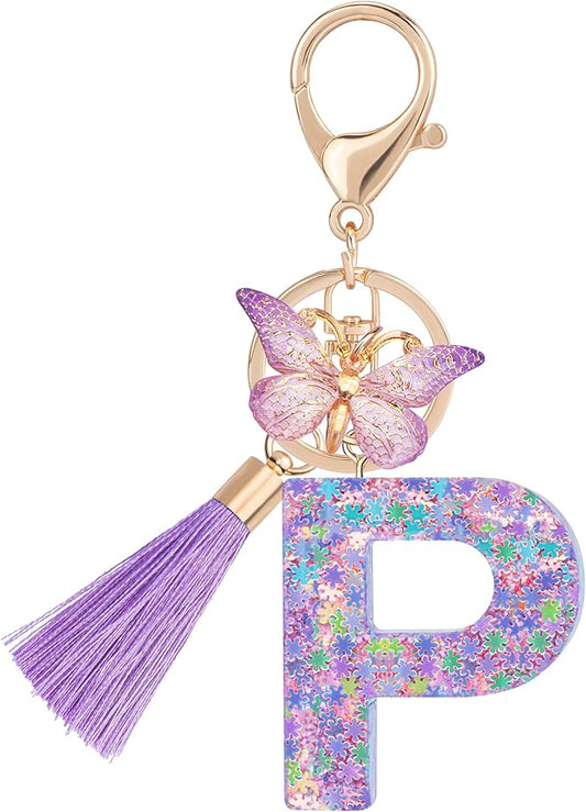 Suweibuke Cute Pink Key Chains for Women Girls, Initial Letter Keychains with Tassel, Charms for Key Purse Handbags Backpacks