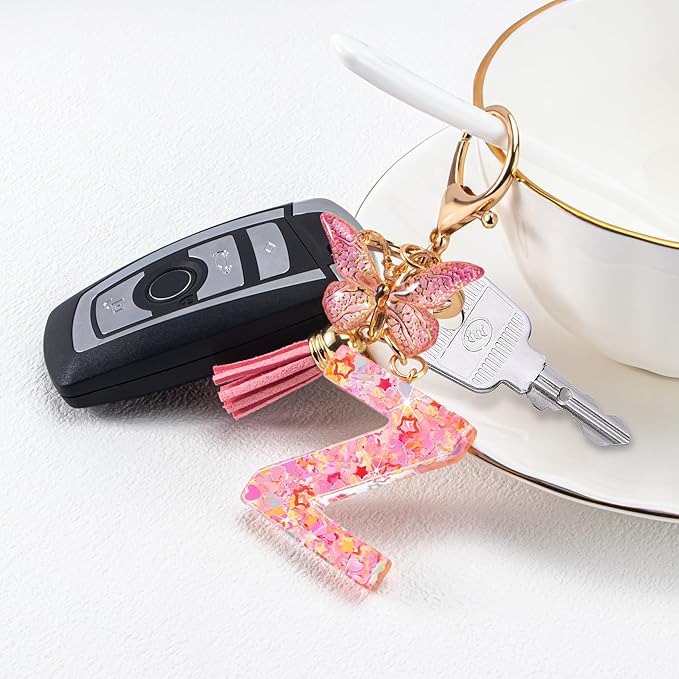 Initial letter Keychains for Women Girls Tassel Butterfly Cute Keychain for Wallet Backpack charm