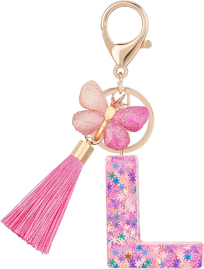 Suweibuke Cute Pink Key Chains for Women Girls, Initial Letter Keychains with Tassel, Charms for Key Purse Handbags Backpacks