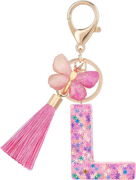Suweibuke Cute Pink Key Chains for Women Girls, Initial Letter Keychains with Tassel, Charms for Key Purse Handbags Backpacks