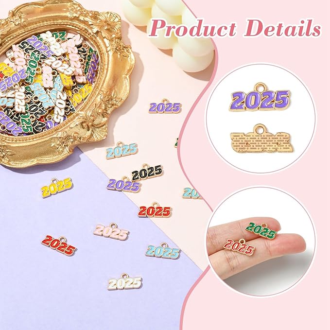 Stiesy 80 Pcs 8 Colors Colorful Enamel 2025 Year CharmsNumber 2025 Letter Graduation Tassels Dangle Charms Bulk for Jewelry Making Crafts DIY Bracelets Necklace Presents