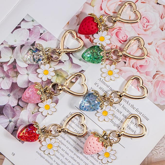 Wikavanli Cute Strawberry Keychain,Bag Charms,Kawaii Heart Flower Daisy Key chains Accessories Decor for Women Girls Purse