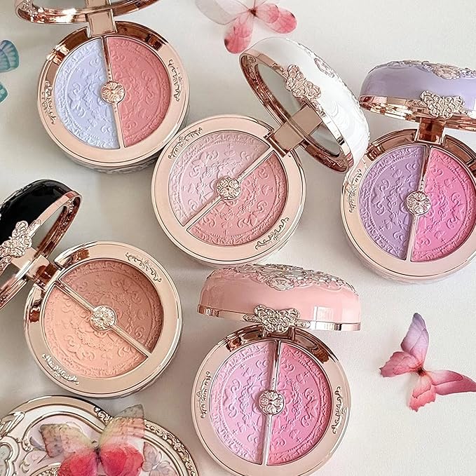 Flower Knows Butterfly Cloud Collar Rouge Box Highlighting & Blush Duo Powder,Blue+Pink Two Tone Matte Blush for Cheeks Bulidable & Blendable Palette for Women & Girls,0.21 Oz(02 Seaborne Moon)
