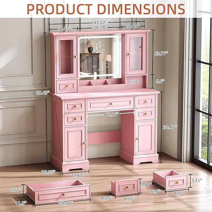Vanity Desk with Mirror & Lights, Makeup Vanity with Power Outlet & USB Ports, Farmhouse Dressing Table, 6 Drawers & 4 Storage Cabinets, RGB Cabinet Lighting, 3-Color Dimmable Mirror