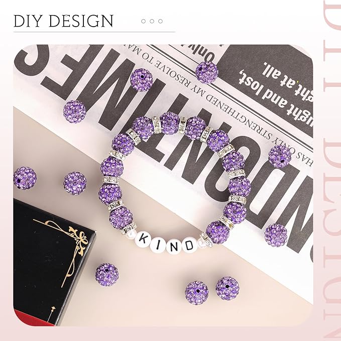 200 Pcs Purple Rhinestone Beads for Jewelry Making, Sparkle Crystal Clay Christmas for Bracelet Baseball Necklace Earring Crafting and DIY, Shiny Round Shamballa Disco Ball Beads Bulk
