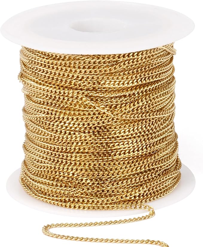 33FT Gold Stainless Steel Cuban Chain Roll 1.5MM 18K Gold PVD Plated Diamond-Cut Curb Link Chains Spool Bulk for Jewelry Making