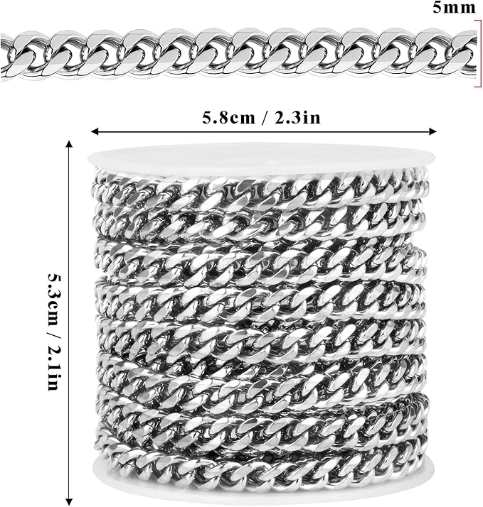 16.5FT Stainless Steel Cuban Chain Roll 6MM Width Diamond-Cut Curb Link Chains Spool Bulk for DIY Crafts Jewelry Making