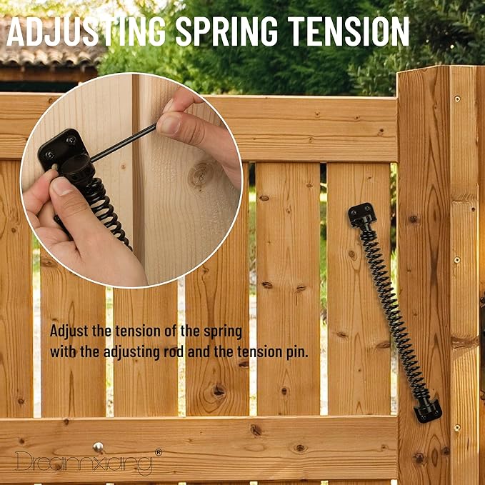 11-1/2" Gate Spring Self Closing Heavy Duty Outdoor Door Spring Automatic Fence Gate Closure Hardware Spring Loaded Gate Latch with Adjustable Tool for Wooden and Vinyl Fence, Black (2 Pack)