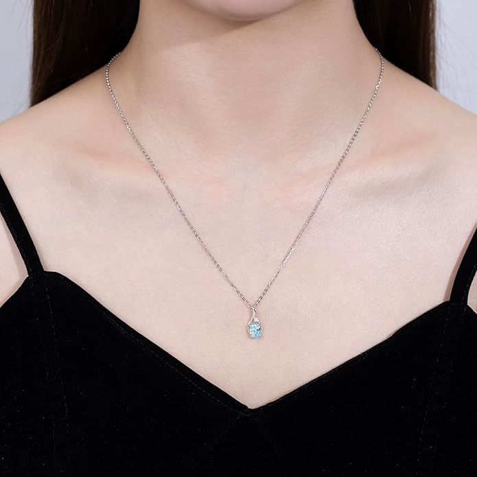 FANCIME 14K Solid White Gold Oval Gemstone Necklace with Diamond Pendant Gifts for Mom Women,16"+2" Inches