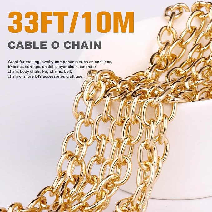 33 Feet Gold Rolo Cable Chains Roll, 9 MM Gold Plated Aluminium Oval Cable O Links Chain Bulk Spool for Jewelry Making DIY Craft