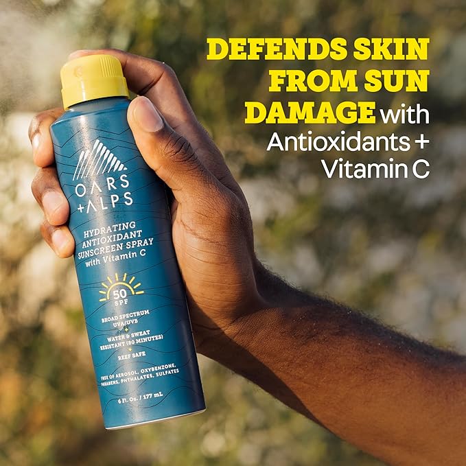 Oars + Alps Sunscreen Spray for Face & Body Spray Sunscreen Infused with Vitamin C & Antioxidants, No White Residue, Water & Sweat Resistant, All Skin Types, Lightweight, Hydrating, SPF 50, 6 Oz, 2pk