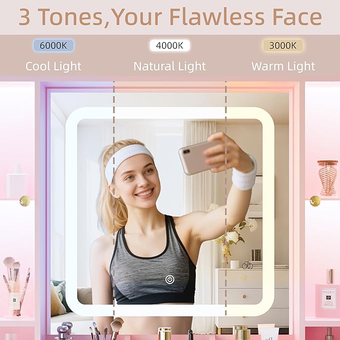 Vanity Desk with Mirror & Lights, Makeup Vanity with Power Strip & Chair, 7 Drawers & 2 Cabinets, Hair Dryer Holder, RGB Cabinet Lighting, 3-Color Dimmable Mirror, and Cushioned Stool
