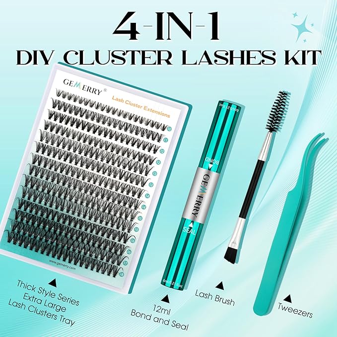 GEMERRY Fluffy Lash Extension Kit Thick Lash Clusters Kit Eyelash Clusters 280Pcs D Curl Eyelash Extension Kit With Lash Bond and Seal, Lash Tweezers, DIY Lash Extension(200P-10-18mm)