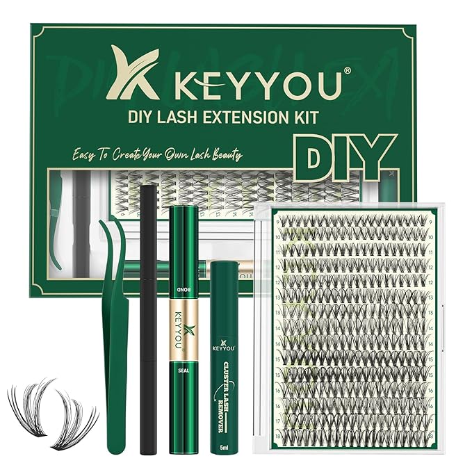 KEYYOU Lash Extension Kit DIY 300Pcs Lash Clusters Eyelash Extension Kit 30D C Curl 9-18MIX Lash Clusters Kit with Lash Glue Remover Applicator Easy to Use for Beginners(Kit,30D-C,9-18MIX)