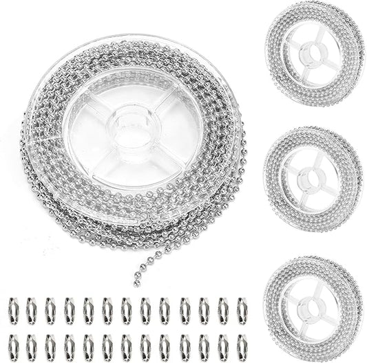 64 ft Ball Chain,for Beaded Dog Tag Chains,Charms for Jewelry Making Bulk,for Crafts Pull Chain Extension,Silver Nickel Plated Metal 2.4mm Balls,100 pcs Ball Chains connectors