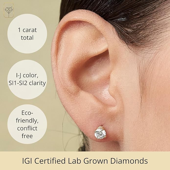 1/4-2 Carat IGI Certified Lab Grown Diamond Stud Earrings | Solitaire Real Diamonds Earring for Women in I-J Color & SI1-SI2 Clarity | 14K Gold Diamond Studs with Secure Backs by MAX + STONE