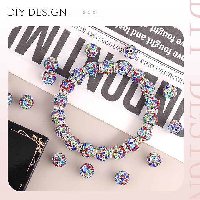 200 Pcs White Mixed Rhinestone Beads for Jewelry Making, Sparkle Crystal Clay Christmas for Bracelet Baseball Necklace Earring Crafting and DIY, Shiny Round Shamballa Disco Ball Beads Bulk