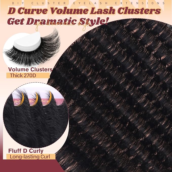 Fluffy Lash Clusters Kit Dramatic 270D Cluster Eyelash Extensions Kit 14-24mm Long Eyelash Clusters Kit Thick Volume Individual Lashes Bond and Seal Remover Tweezers Mega Lash Extension Kit by Eefofnn