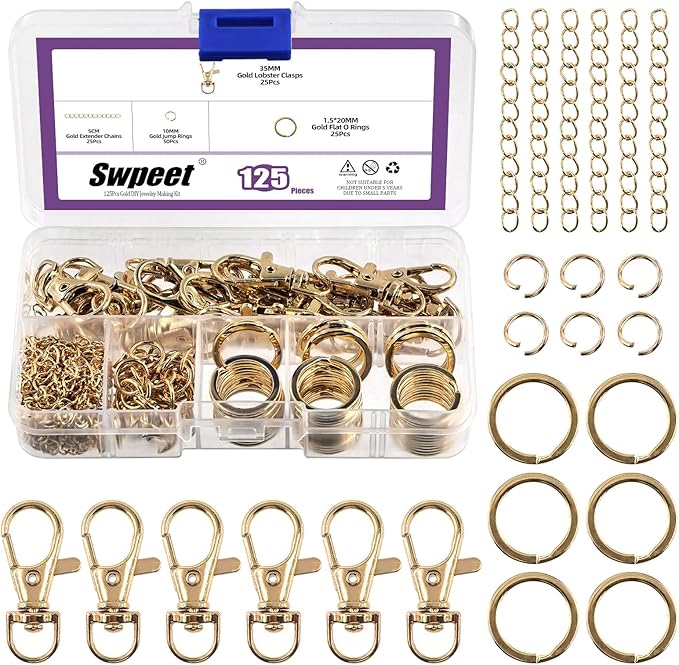 Swpeet 125Pcs Golden Keychain Making Set, 25Pcs Swivel Lanyard Snap Hook, 25P Keychain Ring, 25P Extender Chains, 50P Open Jump Rings, Swivel Lobster Clasps, Keychains Clips