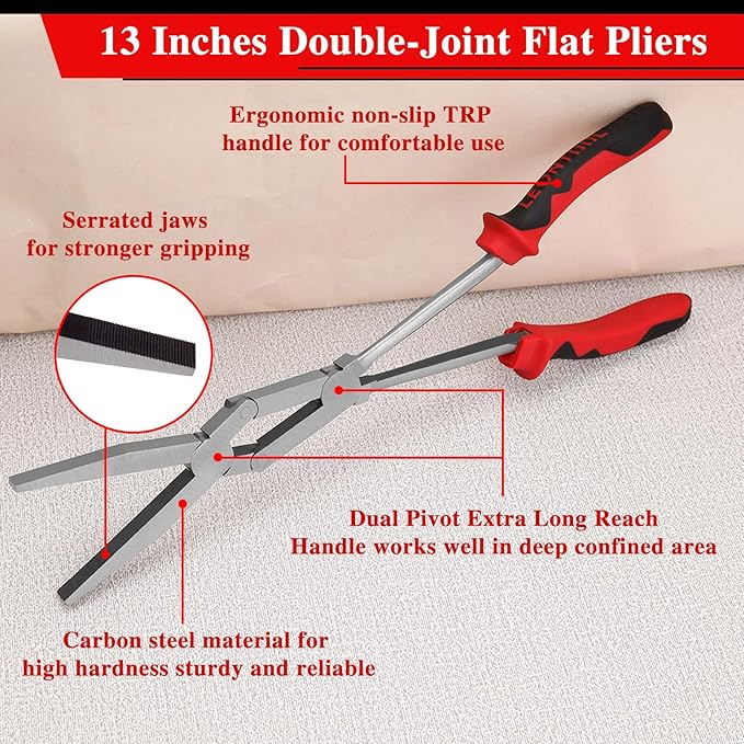 Dual Pivot Double-Joint Flat Pliers With Serrated Jaw Extra Long Reach Compound Action for Hard to Reach Narrow Spaces