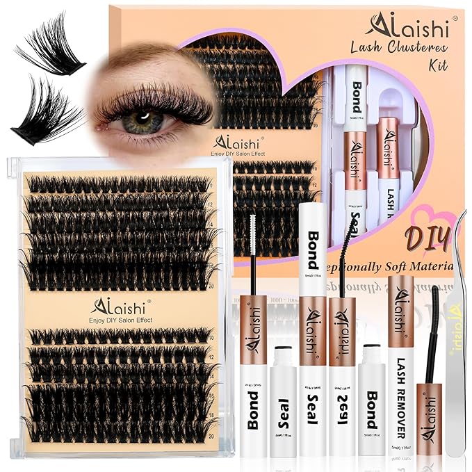 AILAISHI Lash Clusters Kit, DIY Cluster Eyelash Extensions 10‑20mm, 80D+100D, 216pcs Fluffy D Curl Natural Lashes with Bond & Seal,Remover,Tweezers – Fake Cat Eye Individual Clusters