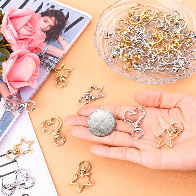 20pcs Heart Star Swivel Clasp Hooks, Heavy Duty Swivel Keychain Jewelry Clasp, Zinc Alloy Spring Snap Clip Lobster Claw Hanging Buckle for Key Bag DIY Crafts- Gold & Silver