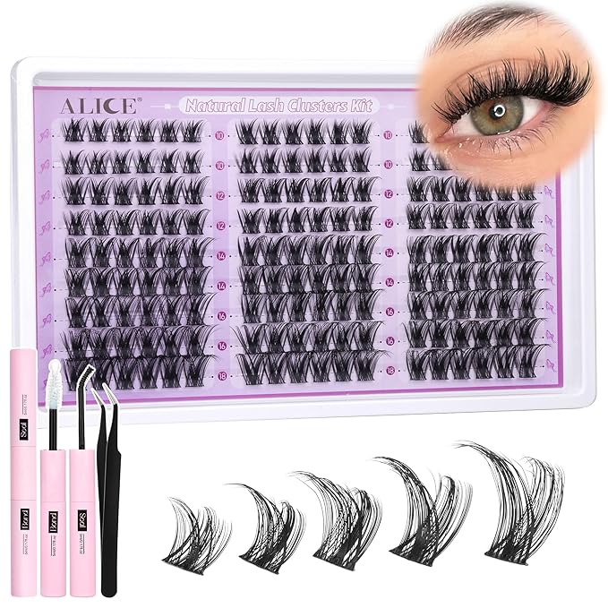 ALICE Wispy Lash Clusters Kit Natural Fluffy Lash Extension Kit Cluster Eyelash Extension Kit 162pcs C Curl 10-18mm Eyelash Clusters with Lash Glue Bond and Seal Lash Tweezers