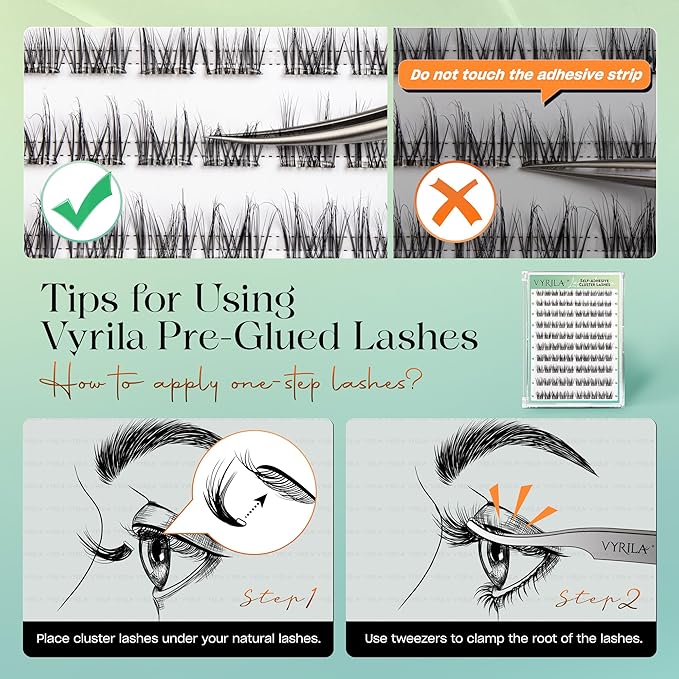 VYRILA Self-Adhesive Lash Cluster, 100pcs Pre-Glued Clusters, Pop-On Faux Eyelashes, 3D Band D Curl Natural Look Lahses, Easy to Apply, Reusable 0.05mm Eyelash Extensions (Green Charm-D-0.05-10-16mix)