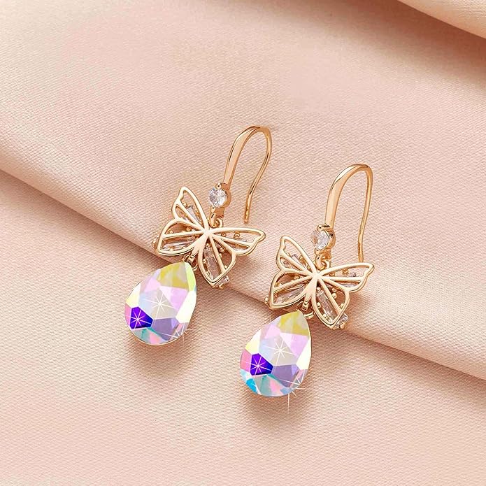 Austrian Crystal Teardrop Butterfly Drop Dangle Earrings for Women 14K Rose Gold Plated Hypoallergenic Jewelry