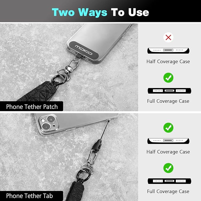 MoKo Universal Phone Lanyard, Nylon Adjustable Cell Phone Crossbody Strap Detachable Women & Men Cellphone Lanyards Around the Neck with Patches for iPhone, Most Smartphones, Black