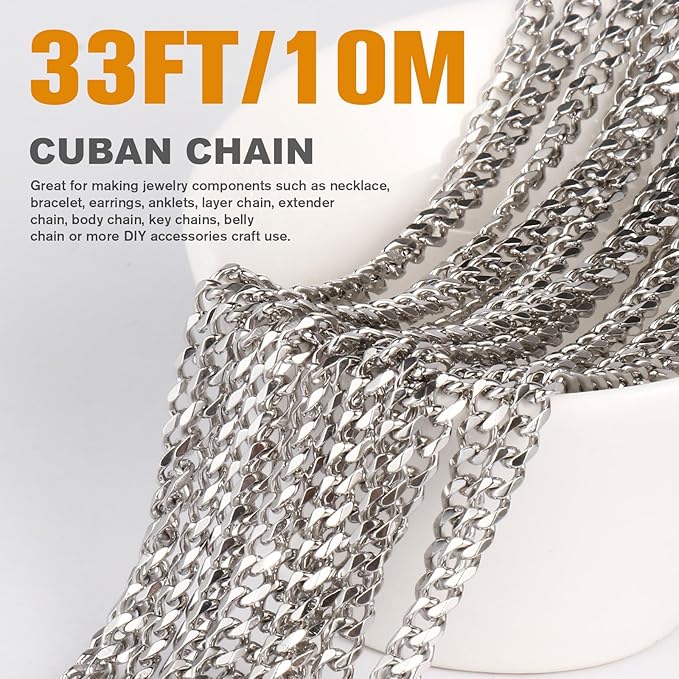 33FT Stainless Steel Cuban Chain Roll 5MM Width Diamond-Cut Curb Link Chains Spool Bulk for DIY Crafts Jewelry Making