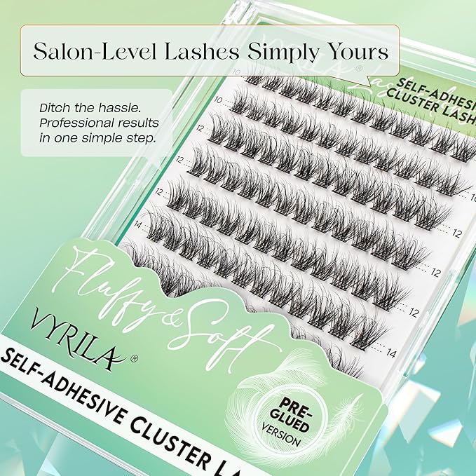 VYRILA Self-Adhesive Lash Cluster, 120pcs Pre-Glued Clusters, Pop-On Faux Eyelashes, 3D Band D Curl Natural Look Lahses, Easy to Apply, Reusable 0.05mm Eyelash Extensions (Green Hush-D-0.05-10-16mix)