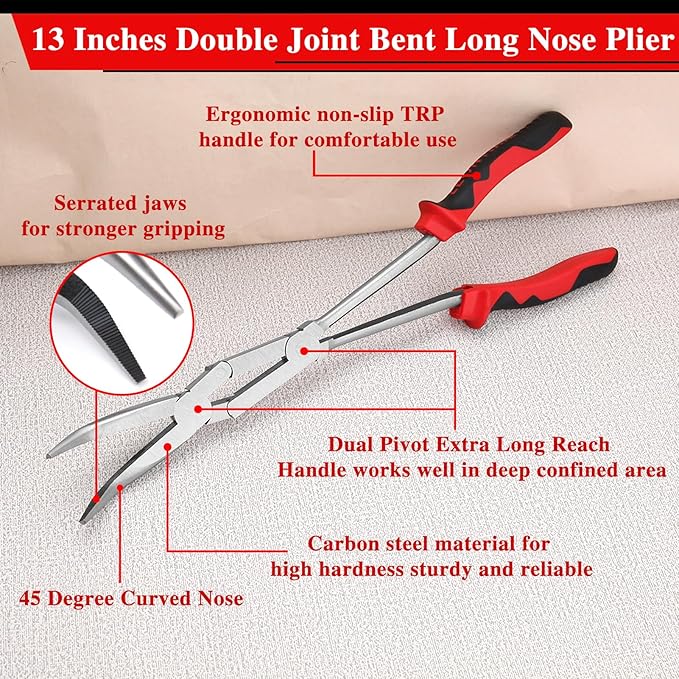 13 Inches Dual Pivot Pliers Double Joint Bent Long Nose Dual Material Pliers with Serrated Jaw 45 Degree Extra Long Reach Compound Action Pliers for Hard to Reach Narrow Spaces
