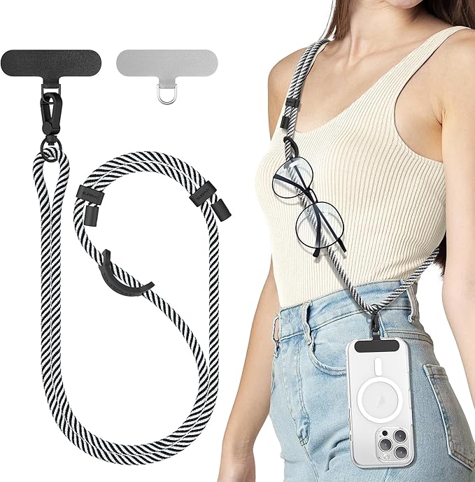 SURPHY Phone Lanyard, Adjustable Phone Strap Crossbody with 2 Pack Phone Tether Tab, Premium Metal Buckles and Two-Color Braided Cell Phone Lanyard Crossbody for Women and Men, Black & White
