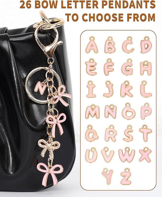 Bow Purse Charms Keychain - Pink Bow Alphabet Letter Key Chain, Bag Charms Wallet