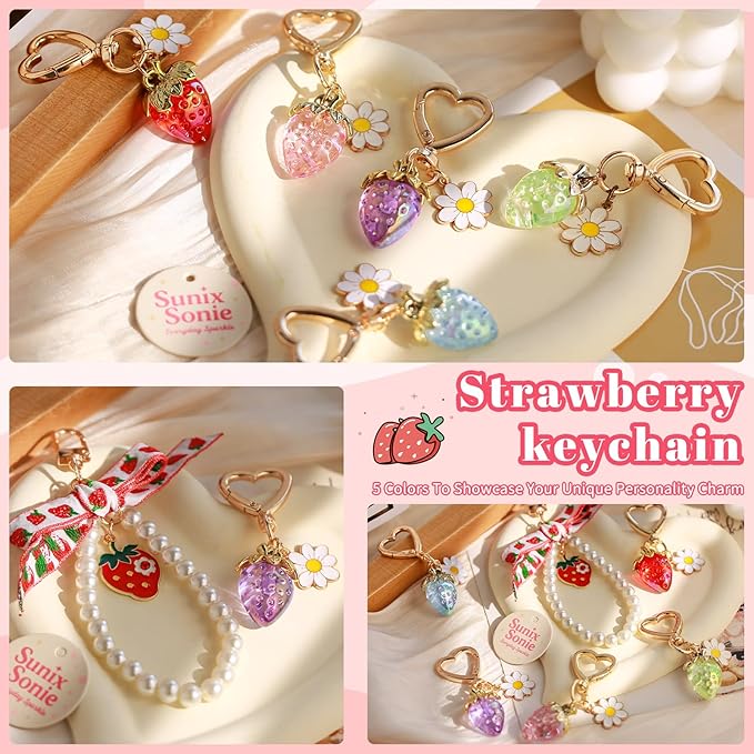 2Pcs Strawberry Keychain Charm Cute Bag Charms Flower Daisy Pearl Bow Keychain Strawberry gift for Women