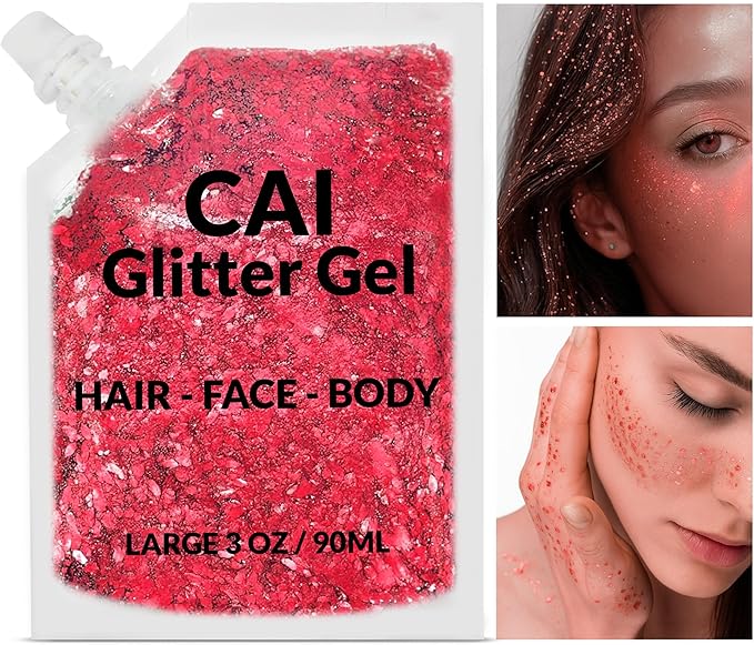 Face, Body & Hair Glitter Gel – Halloween Glitter for Kids and Women – 3 Oz Cosmetic-Grade Gel w/Moon & Stars for Festivals & Halloween Party, Easy Apply & Wash Off - Red 2Pack