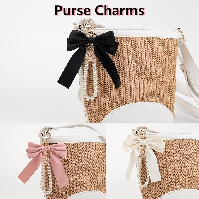 2pcs Bow Keychain, Cute Keychain, Wristlet Keychain, Ribbon Keychain Pearl Bag Charm for Purse Handbags Backpack