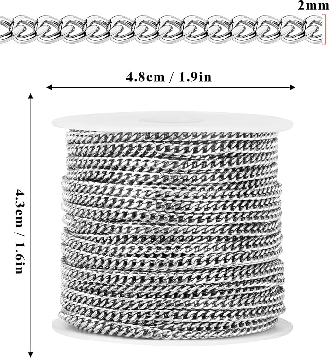33FT Stainless Steel Cuban Chain Roll 2MM Diamond-Cut Curb Link Chains Spool Bulk for Jewelry Making