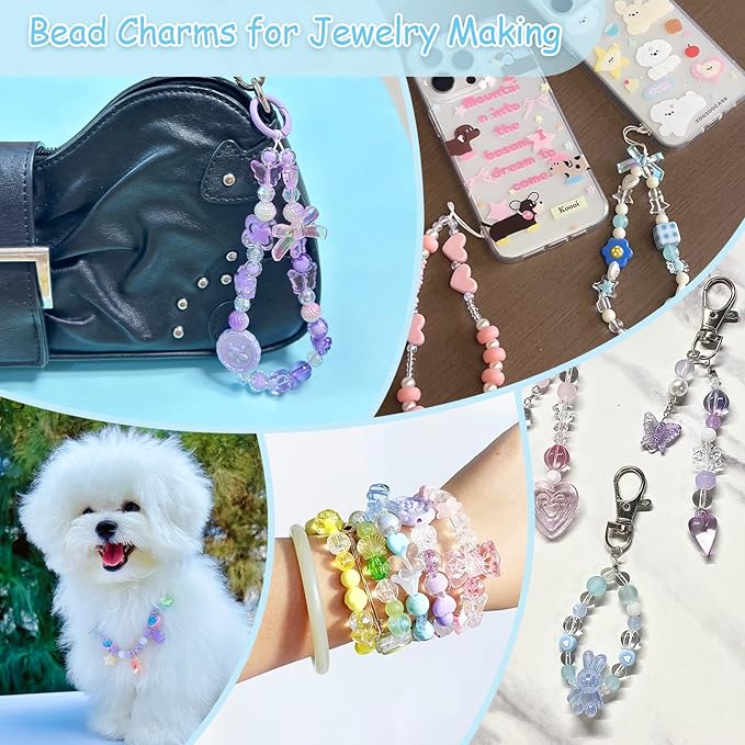 JoyJellies Bracelet Making Kit Assorted Acrylic Beads, 4 Colors Charms Keychain Making Kit with String Key Ring Clips Bow Heart Cute Beads for Bracelets DIY Arts and Crafts Jewelry Making Kits