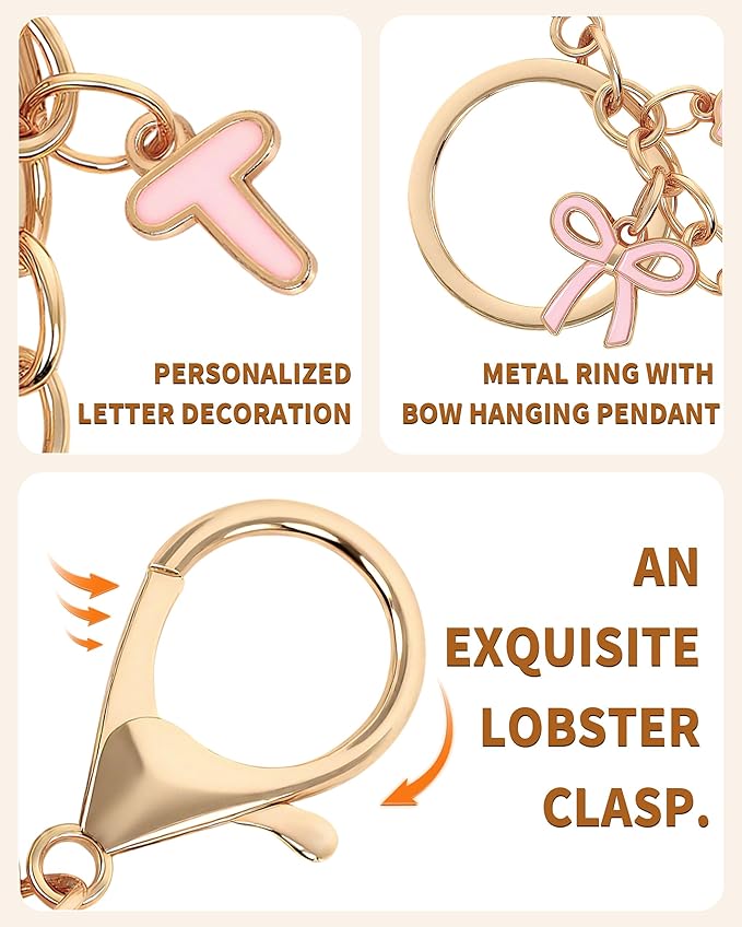 Bow Purse Charms Keychain - Pink Bow Alphabet Letter Key Chain, Bag Charms Wallet