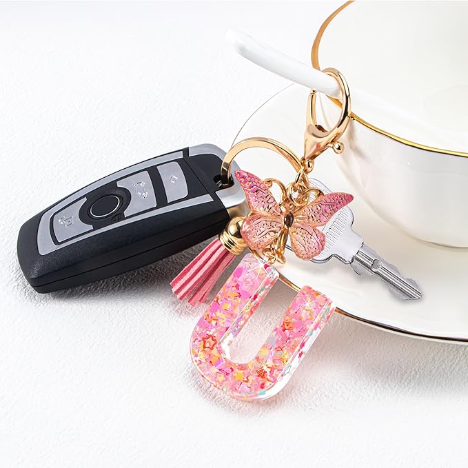 Initial letter Keychains for Women Girls Tassel Butterfly Cute Keychain for Wallet Backpack charm