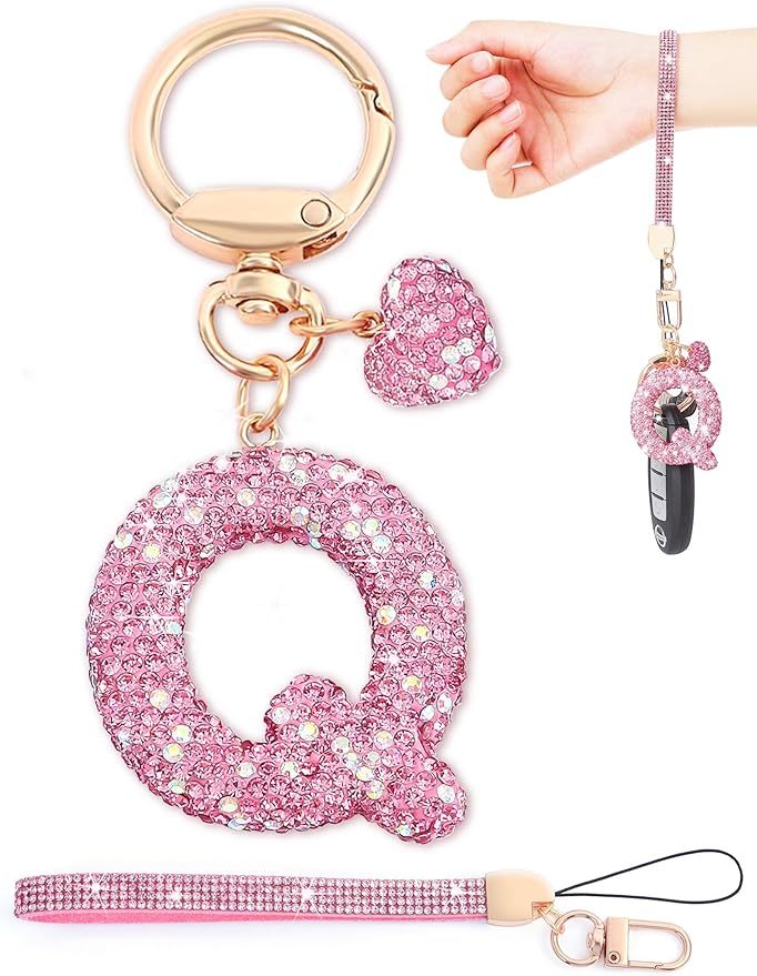 Initial Keychain for Women Girls,Bling Letter Key chain Initial with Heart,Pink Keychain Charms for Backpack Handbag