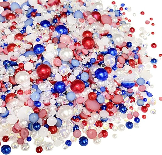 100g Mix Resin Rhinestones Flatback Half Round Pearls Mixed Size 3mm-10mm AB Color Half Pearls Resin Rhinestones for DIY Craft Nail Art Shoes Clothes Phone Case (White/Red/Dark Blue Series)