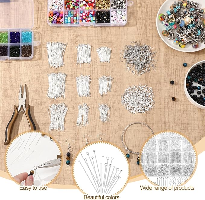 HyDren 2600 Pcs Jewelry Making Supplies Eye Flat Head Ball Pins Lobster Clasps Jump Rings Earring Hooks Backs Set Jewelry Making Findings Accessories Kit for Earring Bracelet DIY Crafts(Silver)