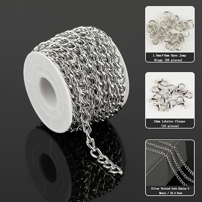 16.4 Feet Twisted Curb Chain Links Silver Plated Aluminum Bracelet Necklace Chain Bulk for DIY Craft Jewelry Making with Lobster Clasps and Jump Rings